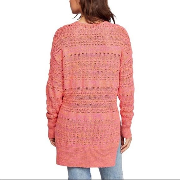 FREE PEOPLE Hot Tropics V-Neck Open Knit Sweater Pink NWT - Picture 3 of 4